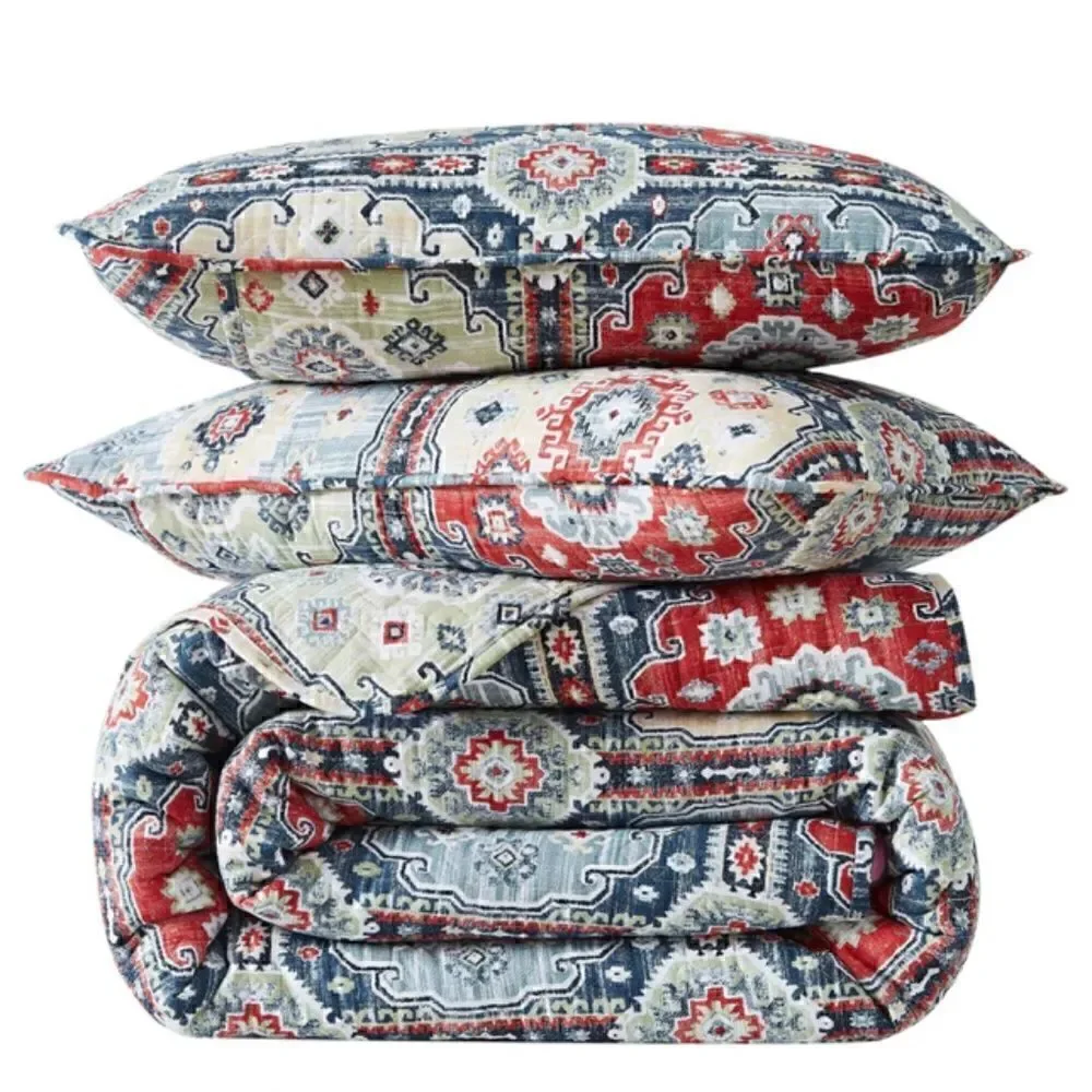 Boho Batik Style Bohemian Print Muted Block Oversized Queen Quilt Set
